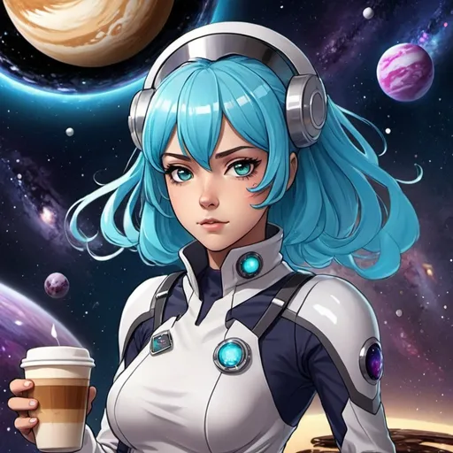 Prompt: Create a futuristic 32 comic anime character who's a heroic galaxy travelling barista named, Galaxy Girl