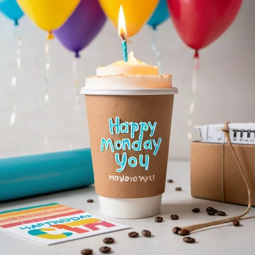 Prompt: A cardboard to-go coffee cup with a lit birthday candle on top, with "Happy Monday to You!" on the side of the cup. background weekly calendar showing Monday, streamers, balloons food product photography