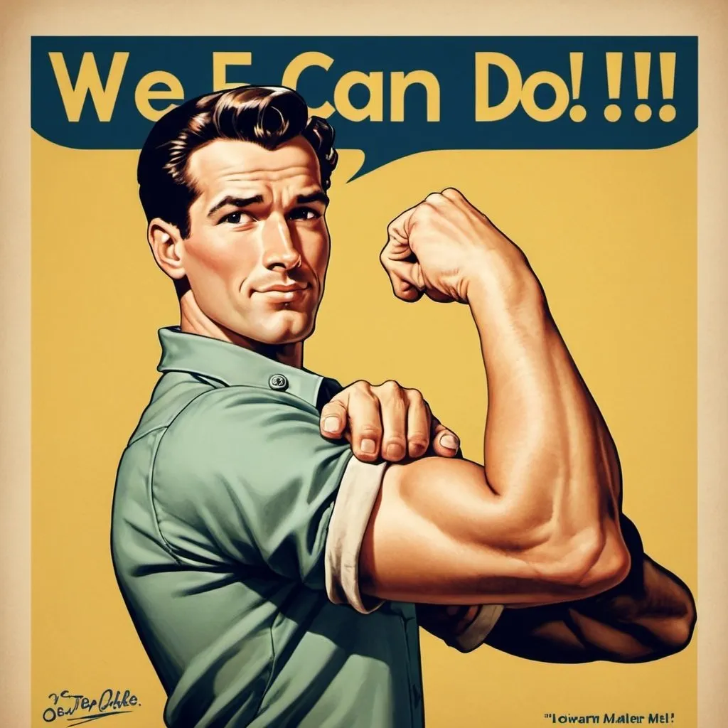 Prompt: In the style of J Howard Miller's vintage  "We Can Do It!" poster, a similar themed poster with a man in rolled up sleeve flexixing bi-cep and words, "I AM ABLE!" 