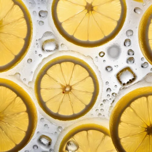 Prompt: A ice cold frozen yellow lemonade with lemon slices, detailed texture and details. macro lens, food product photography