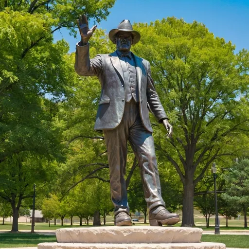 Prompt: Low altitude photogragh of big Johnny Kaw statue in City Park in Manhattan Kansas 