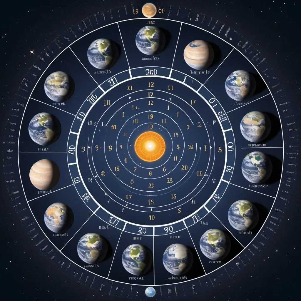 Prompt: Please help me visually, graphically create a SOL system birthday calendar which has planet Earth in the center of a large circular border that is divided into 12  Zodiac Houses beginning with Aires at the 12:00 o'clock position followed with the other 11 houses going clockwise and from planet Earth include a spiral circulating clockwise extending to the outer Zodiac House circle and include on the spiral line numbers representing years, beginning with the year 2006 closest to planet Earth and continuing evenly counting backwards to the year 1900. 