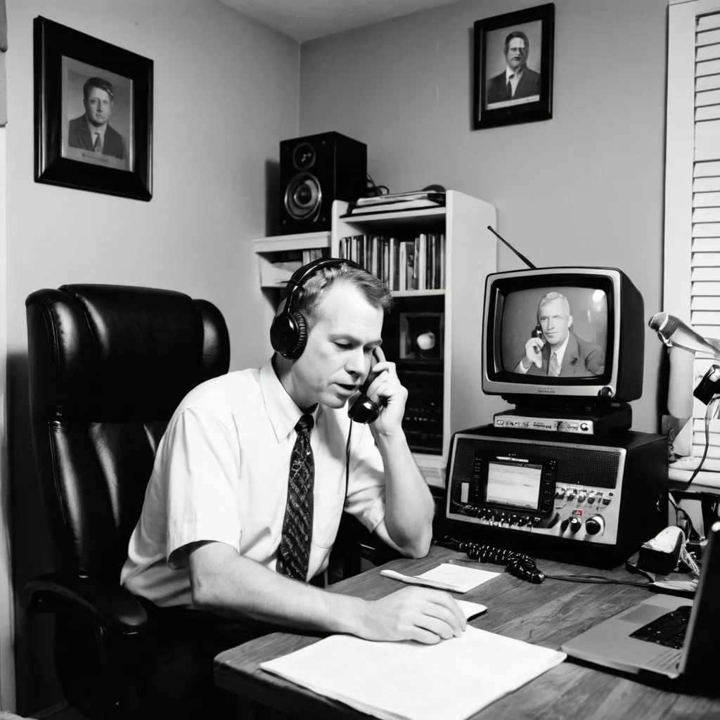 Prompt: Photograph of a memorial white man broadcasting an online radio station from his home studiowhile  answering the phone