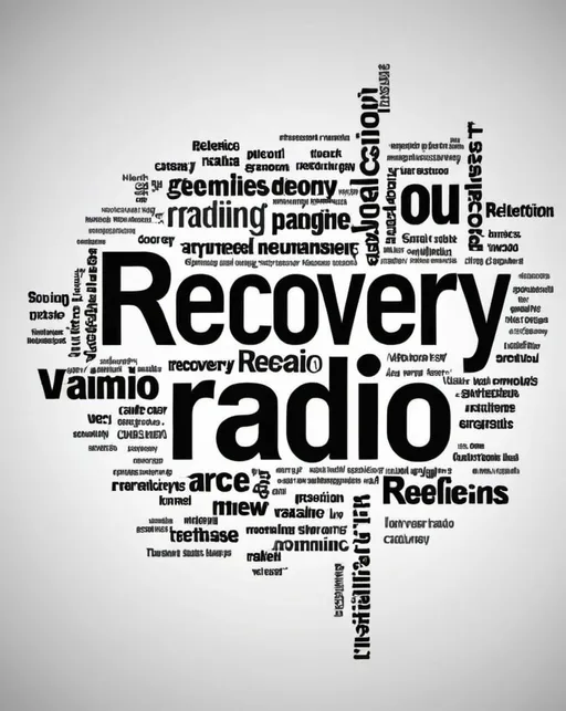 Prompt: Create an artistic word cloud with words and phrases which are recovery themed for a promotional poster to listen our online radio station called, "REFLECTIONS RECOVERY Radio.co". 