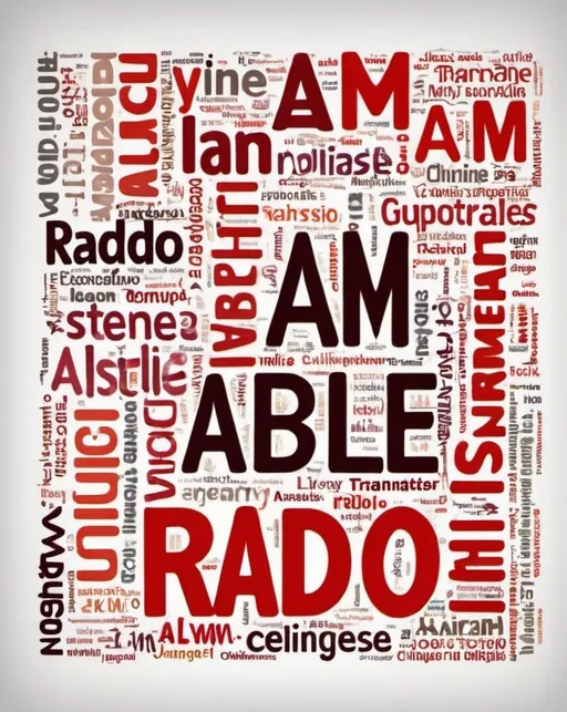 Prompt: Create an artistic word cloud with the sentence, "I AM ABLE." Translated into English, French, Spanish, Portugese, Rassian, Arabic, Akkadian, Greek, Pidgeon, Chinese, Japanese, Polish, Afrikaans, etc. for a promotion poster to listen to online radio station called, "I AM ABLE Radio.co". 