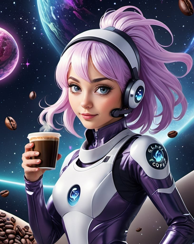 Prompt: Create a promotional poster design for a business called, GALAXY GIRL COFFEE,  (custom boutique coffee bean roasteria) WITH futuristic ANIME  SPACE THEME