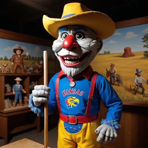 Prompt: The fictional giant Kansas mascot, Johnny Kaw as a 3D , stop-motion animation doll. 