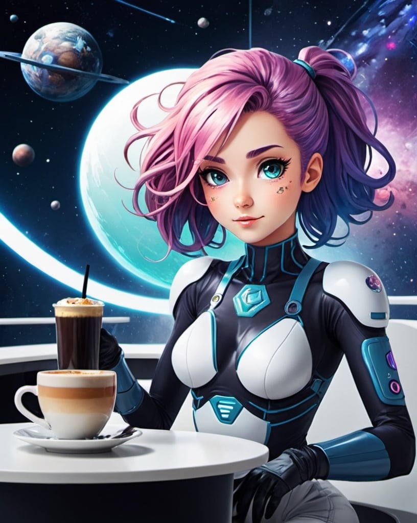 Prompt: Create a promotional poster design for a business called, GALAXY GIRL COFFEE, WITH futuristic ANIME  SPACE THEME