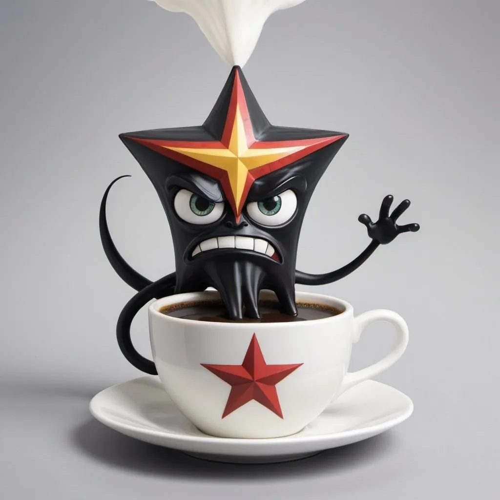 Prompt: Create a cartoon anime character to represent a villianous arch enemy nemesis corporate coffee giant (satar buccks), called CORPORATE COMET, that leaves a tail tale of destruction in it's wake. Include a five pointed upside down star on his coffee cup and show cloven feet. 
