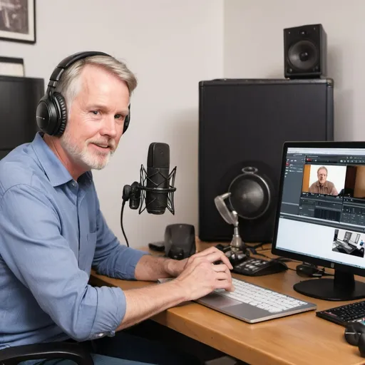 Prompt: Photograph of a middle-aged white man broadcasting his online radio station from a home office studio