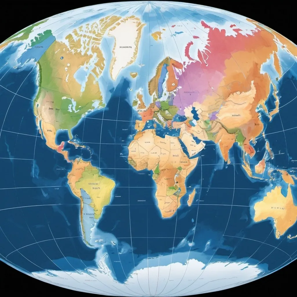 Prompt: photo realistic map of Earth with 24 different colored vertical bands overlayed to denote the 24 different UTC time zones. 