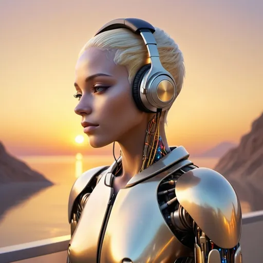 Prompt: Photo realistic image for online addiction recovery radio station featuring futuristic humanoid enjoying enlightenment and peace wearing headphones while watching the sunrise futuristic, 800 x 800 pixels