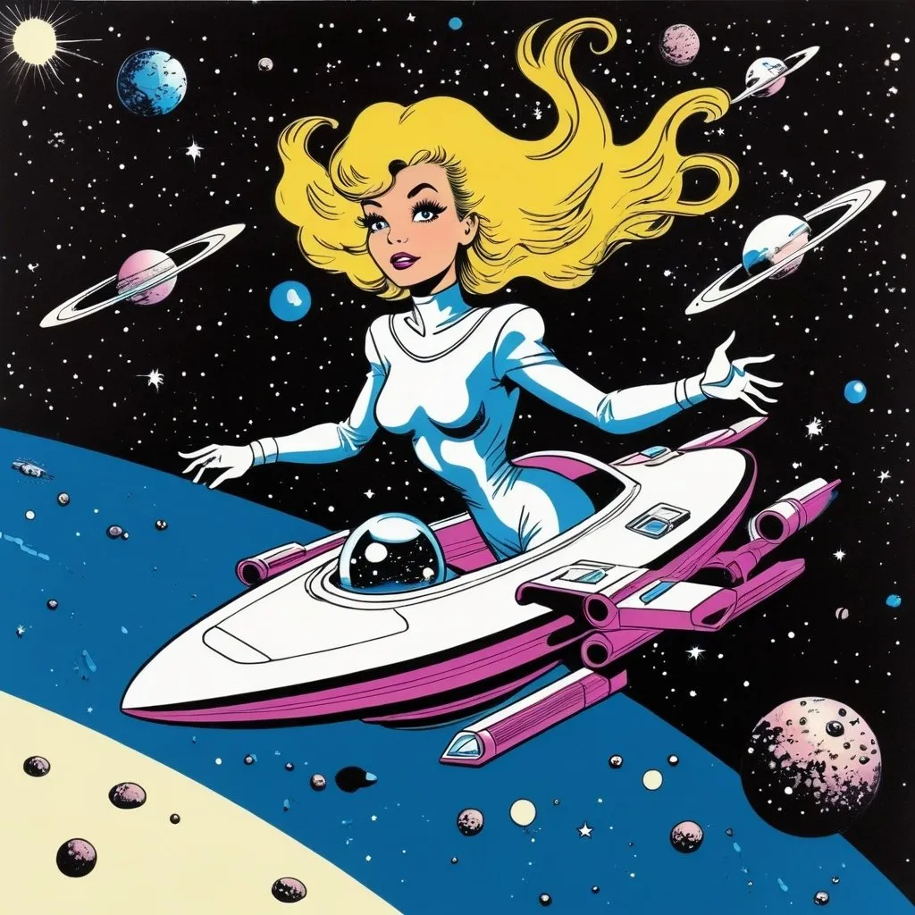 Prompt: Silk screen comic book illustration, Galaxy Girl Coffee's spaceship  travelling between galaxies in the universe, 1980s retro futurism