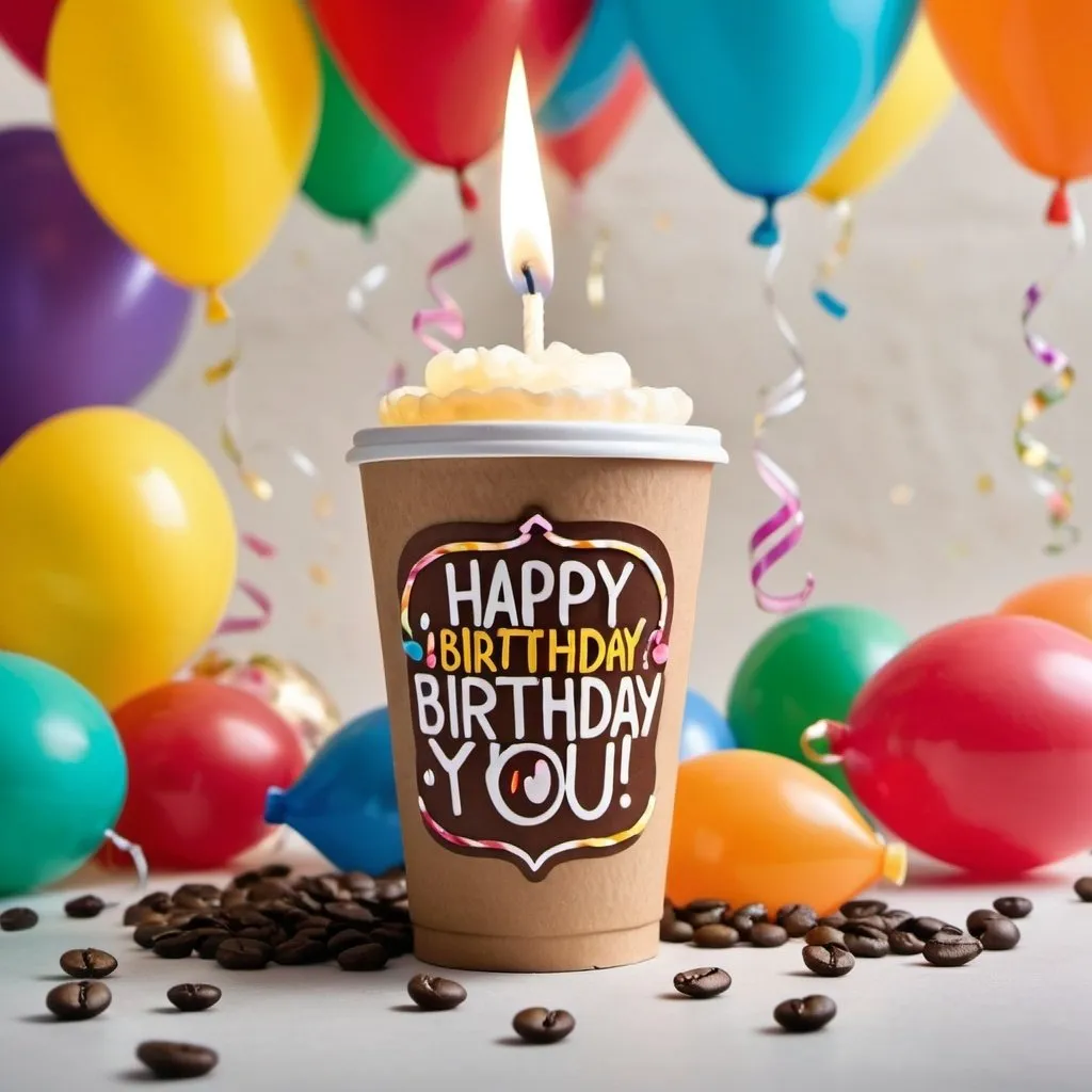 Prompt: A cardboard to-go coffee cup with a lit birthday candle on top, with "Happy Birthday to You!" on the side of the cup. background streamers, balloons food product photography