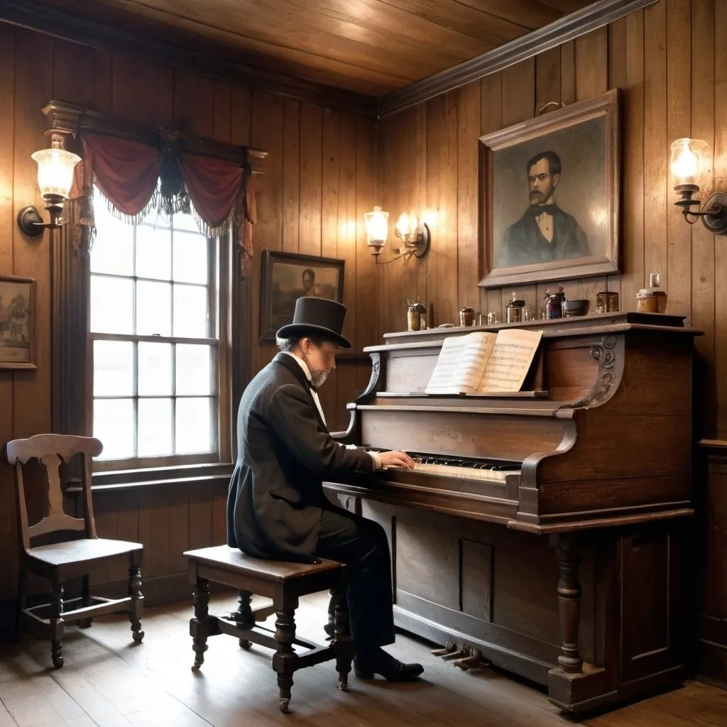 Prompt: 19th c scroll and drum player piano playing in an old saloon