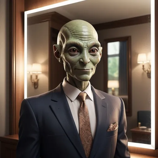 Prompt: Photo realistic extra terrestrial dressed in a suit and tie, looking at his reflection in a full length mirror, smiling and winking at himself
