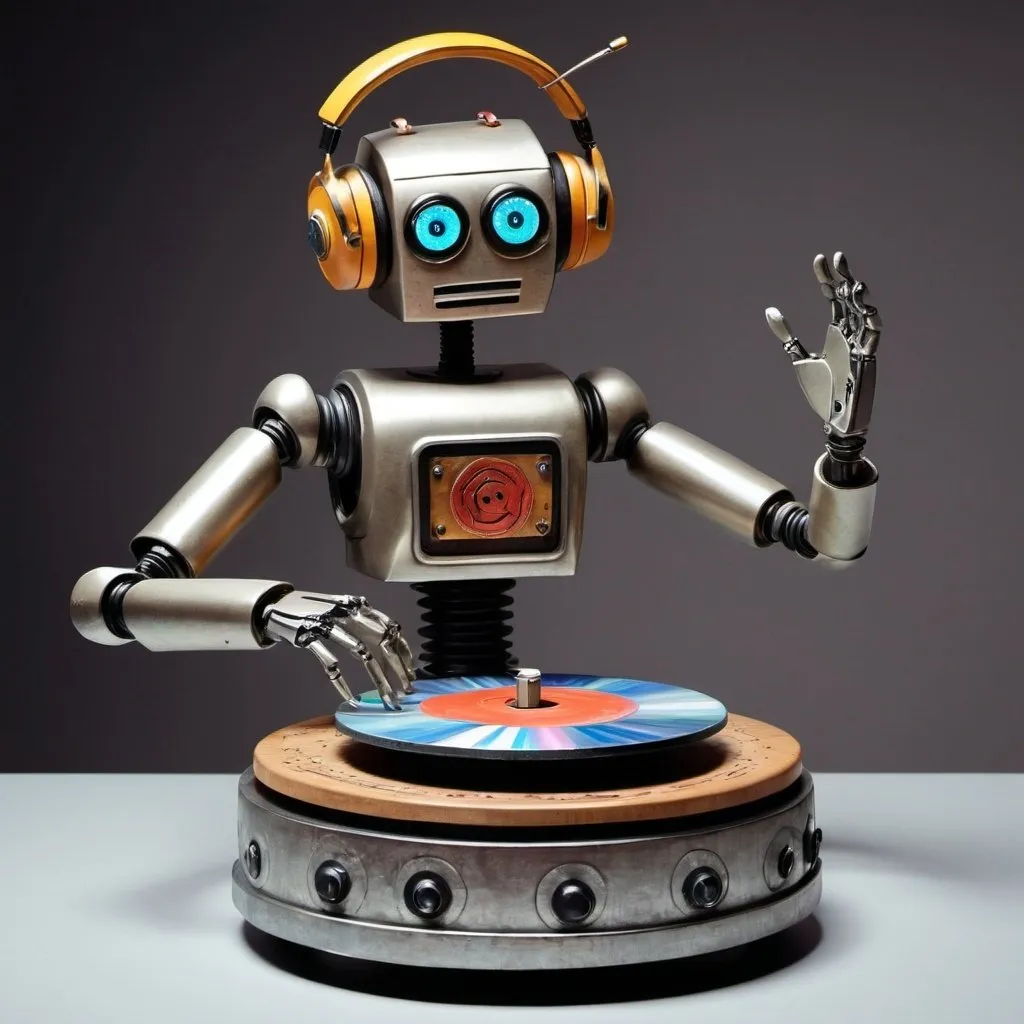 Prompt: 21st c painted carved robotic disc jockey, metallic sculpture, stop-motion animation for @IAMABLERADIO.co