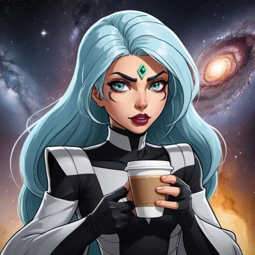 Prompt: Create a cartoon anime character to represent a villianous arch enemy nemesis corporate coffee giant (satar buccks) who will be the enemy of our Earth loving, all organic, biodegradable, cosmic consciousness hero,  Galaxy Girl Coffee. 
