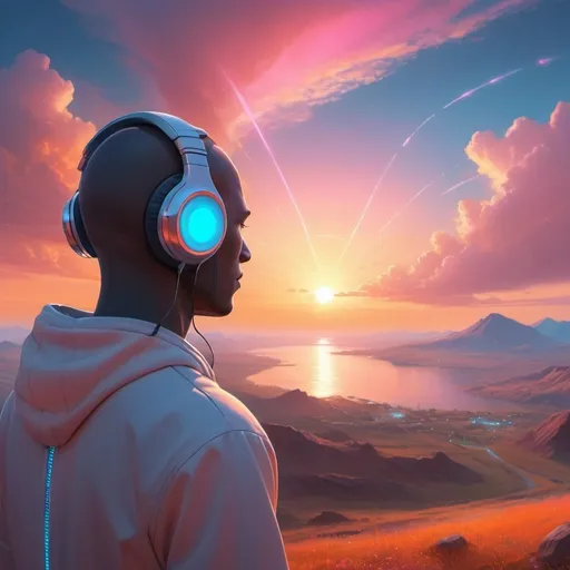 Prompt: Photo realistic image for online addiction recovery radio station of humanoid with headphones watching the sunrise futuristic