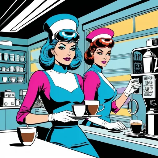 Prompt: Silk screen comic book illustration, transparent background, futuristic funky female space captain and master barista, Galaxy Girl, 1960s retro futurism character for Galaxy Girl Coffee