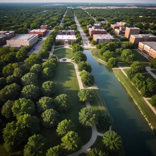 Prompt: Low altitude photogragh above City Park in Manhattan Kansas 