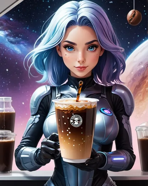 Prompt: Create a promotional poster design for a business called, GALAXY GIRL COFFEE,  (custom boutique coffee bean roasteria) WITH futuristic ANIME  SPACE THEME featuring iced cold brew coffee. 