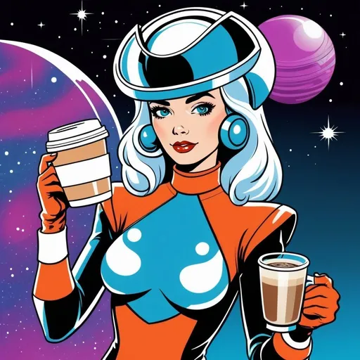 Prompt: Silk screen comic book illustration, transparent background, futuristic funky female space captain and intergalactic master barista, Galaxy Girl, 1980s retro futurism hero character for Galaxy Girl Coffee mascot