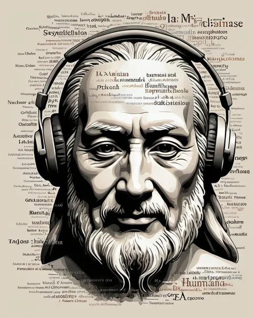 Prompt: In the classical artistic & scientific sketching style of Da Vinci; please generate a word cloud image of a   humanoid head that is enjoying listening to music through headphones, with the words of the word cloud the sentence, "I AM ABLE." Translated into English, French, Spanish, Portugese, Rassian, Arabic, Akkadian, Greek, Pidgeon, Chinese, Japanese, Polish, Afrikaans, etc. 