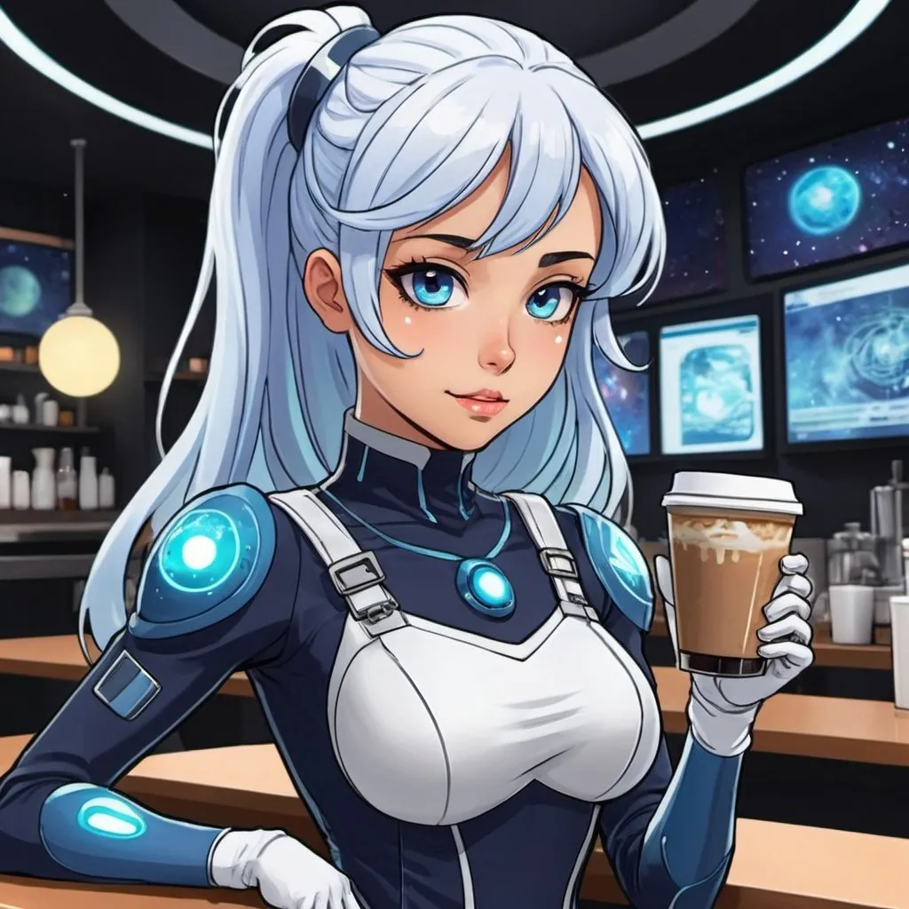 Prompt: Create a futuristic 32 comic anime character who's a heroic galaxy travelling barista named, Galaxy Girl