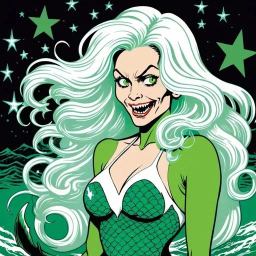 Prompt: Silk screen comic book illustration, of an ugly, evil fanged mermaid with wavy long white hair, a dangerous electrified green tail, claws and wearing a green and white top with stars design, 1980s retro futurism