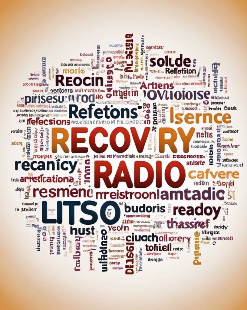 Prompt: Create an artistic word cloud with words and phrases which are recovery themed for a promotional poster to listen our online radio station called, "REFLECTIONS RECOVERY Radio.co". 