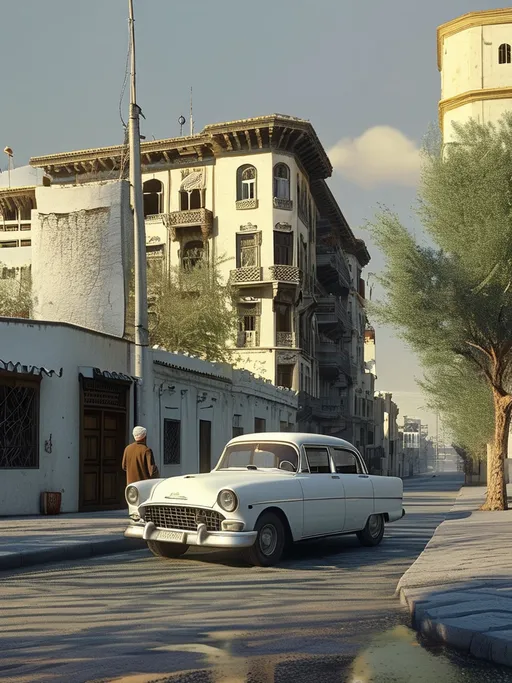 Prompt: a man standing on a sidewalk next to a white car and a white car on the street and a building, Fathi Hassan, aestheticism, movie still, a picture