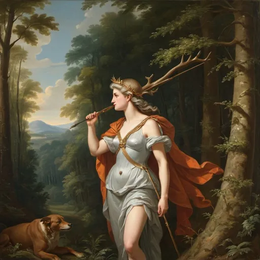 Prompt: the goddess diana hunting, in a forest, profile view, in the style of the old masters wearing swag sun shades
