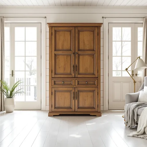 Prompt: Bathed in soft natural light, a spacious interior showcases a blend of modern and cozy elements with its pale wooden flooring and white shiplap walls. Two sets of elegant French doors are framed on either side, inviting warmth and openness, while a striking wooden cabinet stands prominently in the foreground, adding a touch of rustic charm. In the background, glimpses of a well-lit living area reveal comfortable seating, creating a welcoming atmosphere. The neutral color palette is further accentuated by a nearby floor lamp and window treatments that soften the light, evoking tranquility and a sense of homely space. Overall, this scene encapsulates a serene and stylish living environment.