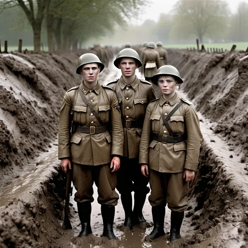 Prompt: Create a photo of soldiers in the trenches with heavy rain and mud and muck and missing they’re family 