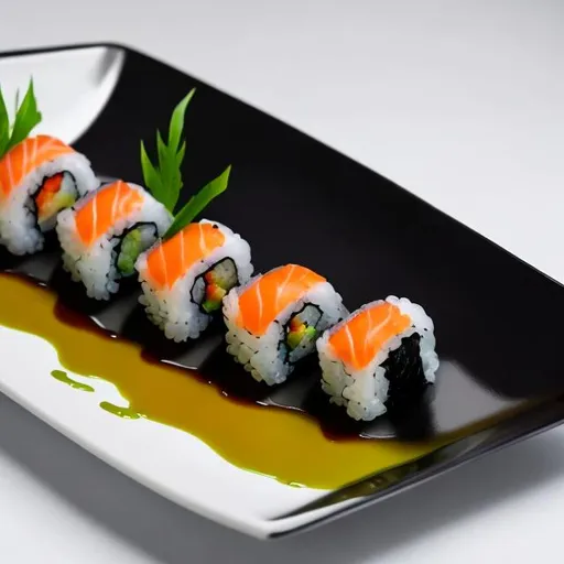 Prompt: Modern,sushi,plating, fine dining,garnish long plate 