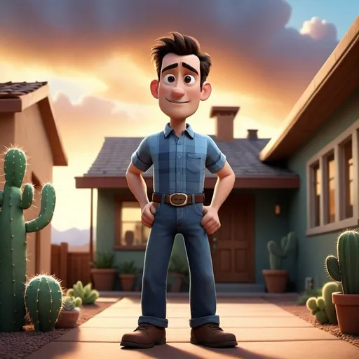 Prompt: create a pixar style image similar to the one uploaded. I would like a guy standing in front of his home proud in Gilbert Arizona.  The house should have mountains behind it with cactus and bushes, the sun peaking though the clouds and sunset. The background should have a blur.  Make the image very high quality and 1080x1080