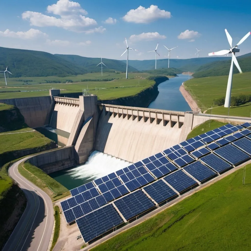 Prompt: A landscape showing a hydroelectric dam, wind turbines, and solar panels.