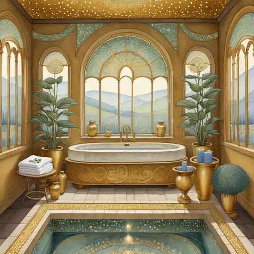 Prompt: Spa decoration setup, golden dotted glittering constituent design by dee nickerson, evoking glittering charm ratios in patterns, colors palette by louis comfort tiffany, sharpness inspired by jody bergsma, highly detailed intricate design, ultra fine details, digital watercolor 