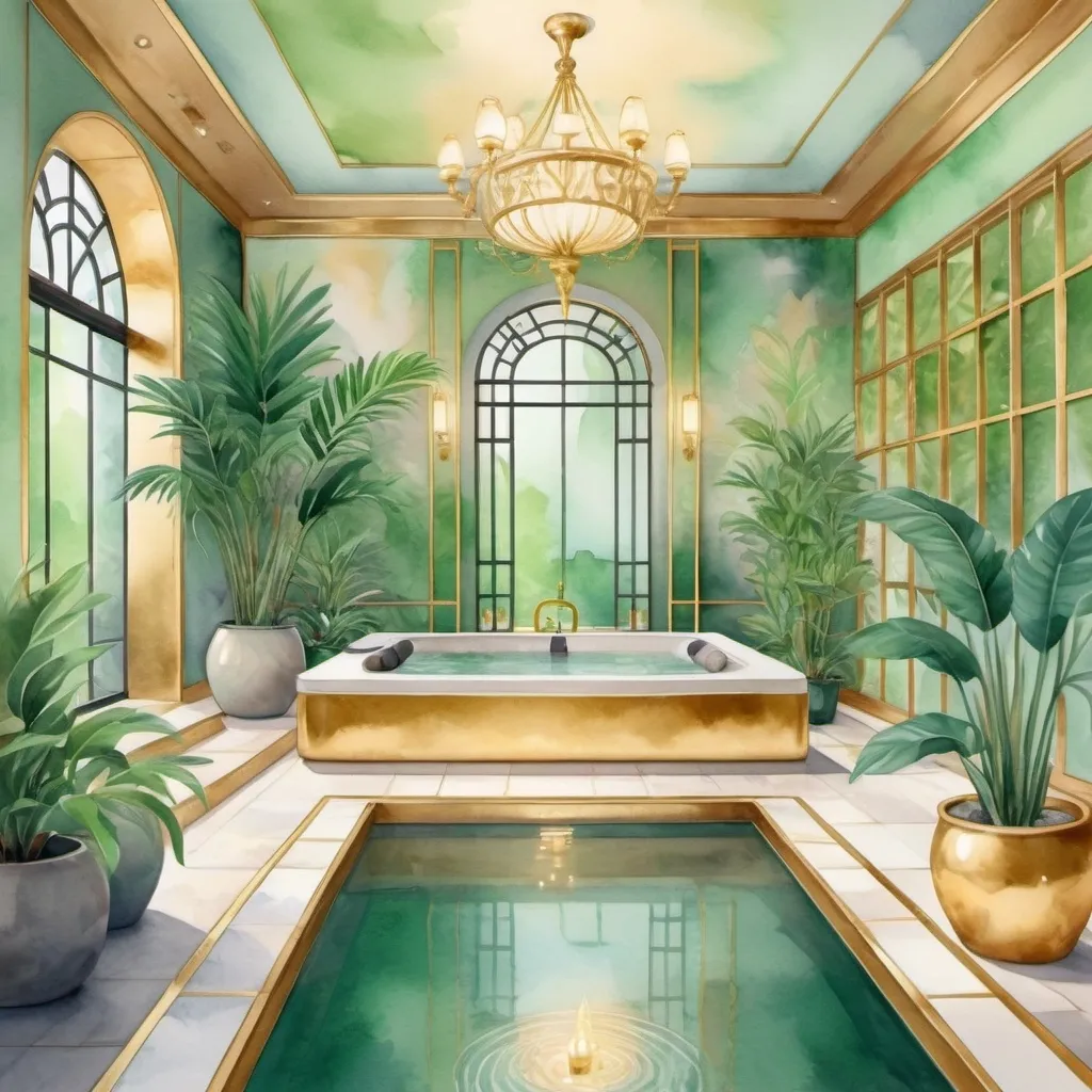 Prompt: digital watercolor painting of spa room with stylish and elegant vibes, inspired by FRANCK SORBIER, cloisonnism with golden line,