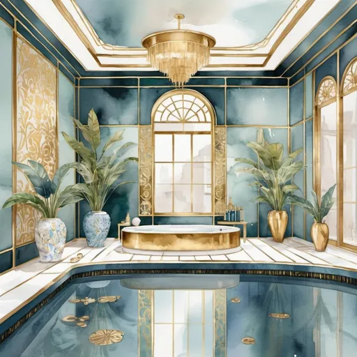 Prompt: digital watercolor painting of spa room with stylish and elegant vibes, inspired by FRANCK SORBIER, cloisonnism with golden line,