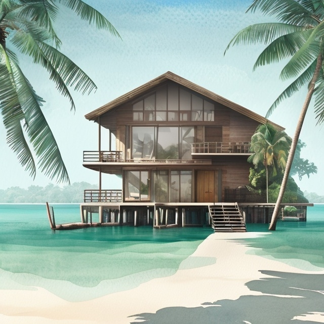 Prompt:  a wooden home on a private island with beautiful gardens, a path that leads to a sandy beach with palm trees, and a dock with a boat, modern, watercolor digital illustration, minimal composition, smooth gradient, magical glow, soft, washed textures, ethereal atmosphere, social media-ready illustration,