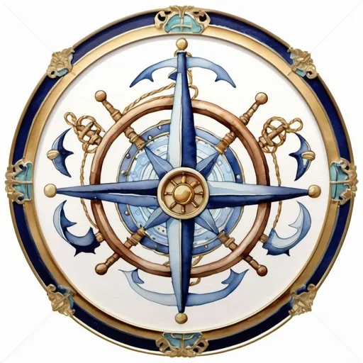 Prompt: watercolor painting of nautical decoration art, inspired by FRANCK SORBIER, watercolor art on white background, cloisonnism with golden line,
