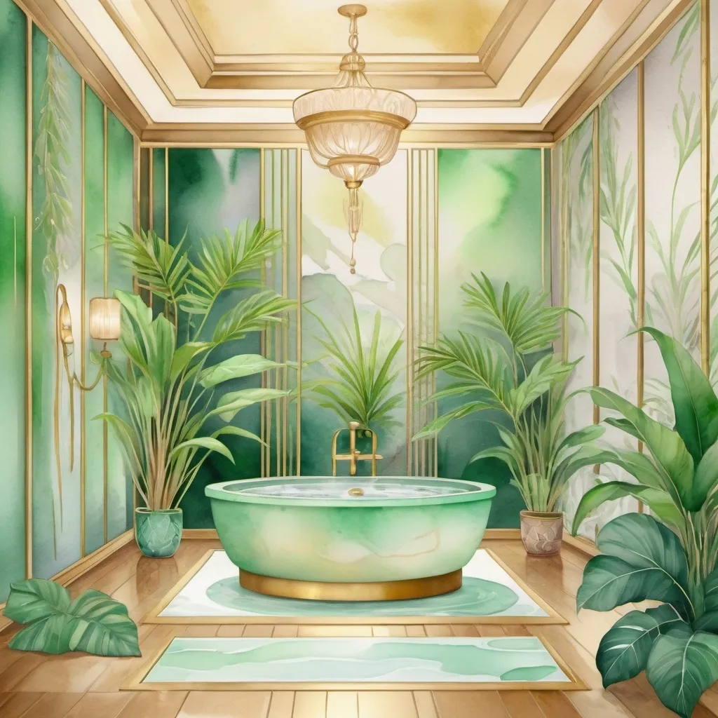 Prompt: digital watercolor painting of spa room with stylish and elegant vibes, inspired by FRANCK SORBIER, cloisonnism with golden line,