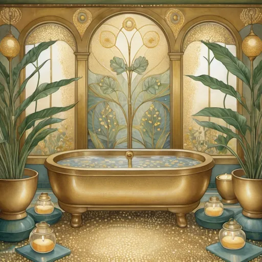 Prompt: Spa decoration setup, golden dotted glittering constituent design by dee nickerson, evoking glittering charm ratios in patterns, colors palette by louis comfort tiffany, sharpness inspired by jody bergsma, highly detailed intricate design, ultra fine details, digital watercolor 