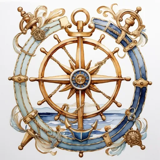 Prompt: watercolor painting of nautical decoration art, inspired by FRANCK SORBIER, watercolor art on white background, cloisonnism with golden line,
