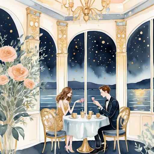 Prompt: night date in floral sea view cafe, digital watercolor, inspired by ann telnaes, evoking the glittering charm ratios, dotted sparkling constituent in klimt’s style, natural colors and gold, emphasizing glittery shiny details, highly detailed intricate design, ultra fine details