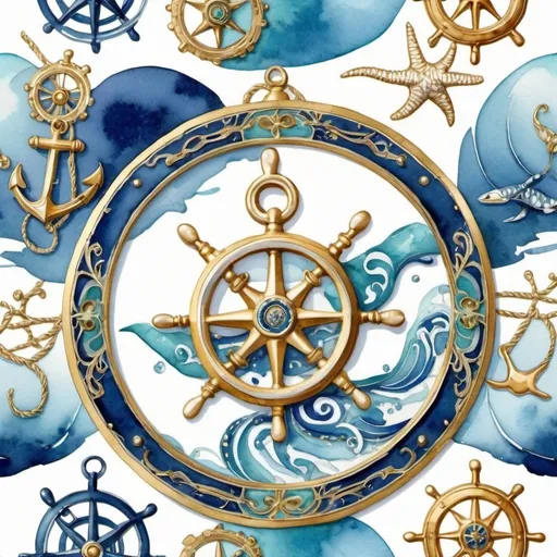 Prompt: watercolor painting of nautical decoration art, inspired by FRANCK SORBIER, watercolor art on white background, cloisonnism with golden line,
