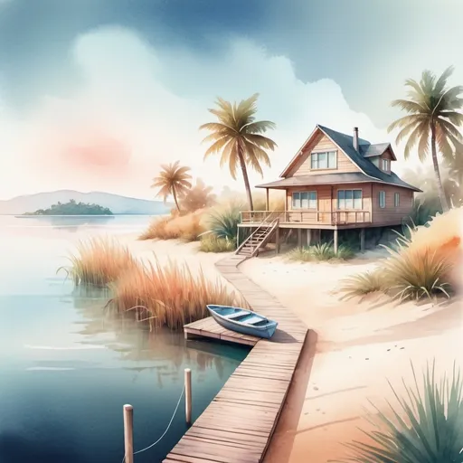 Prompt:  a wooden home on a private island with beautiful gardens, a path that leads to a sandy beach with palm trees, and a dock with a boat, modern, watercolor digital illustration, minimal composition, smooth gradient, magical glow, soft, washed textures, ethereal atmosphere, social media-ready illustration,