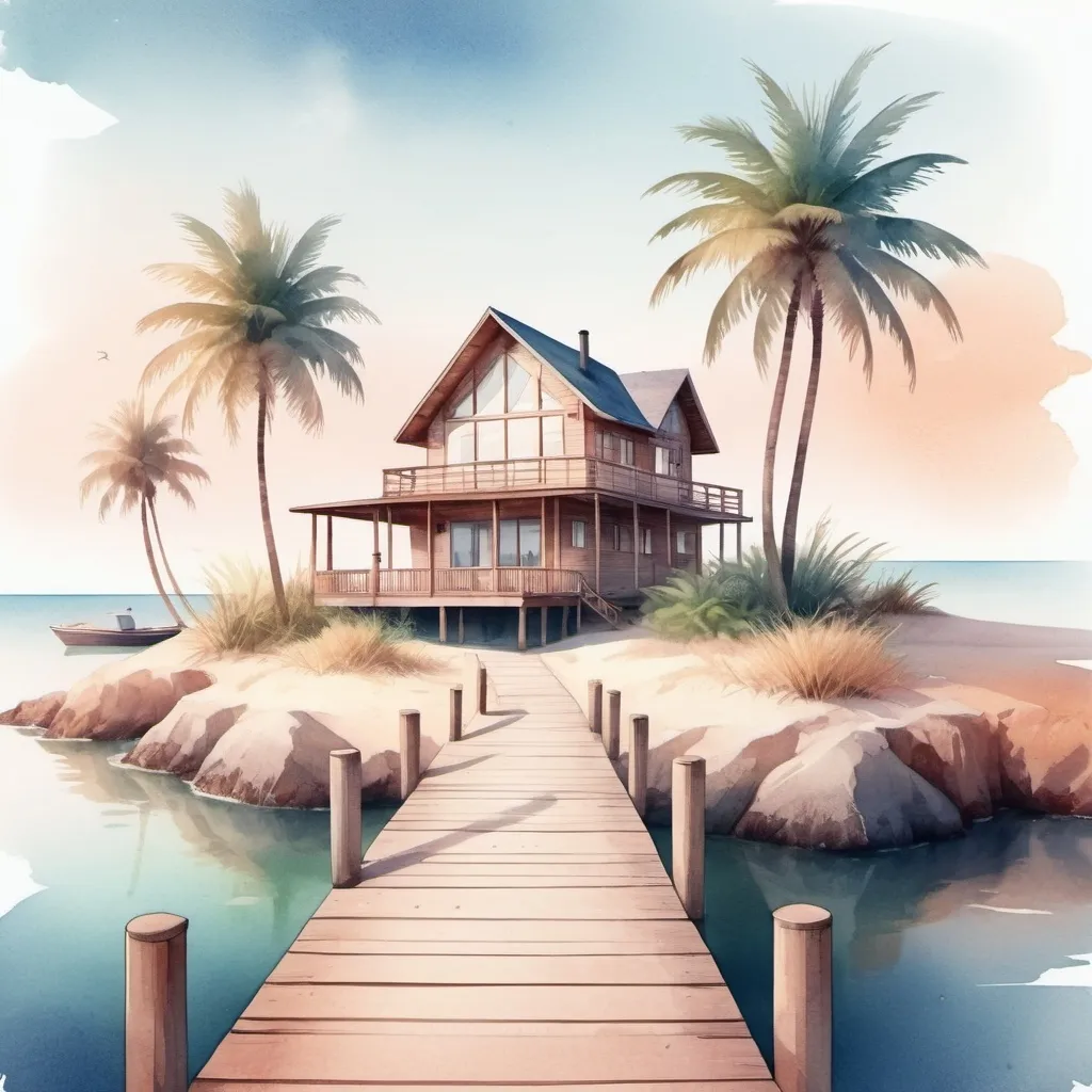 Prompt:  a wooden home on a private island with beautiful gardens, a path that leads to a sandy beach with palm trees, and a dock with a boat, modern, watercolor digital illustration, minimal composition, smooth gradient, magical glow, soft, washed textures, ethereal atmosphere, social media-ready illustration,